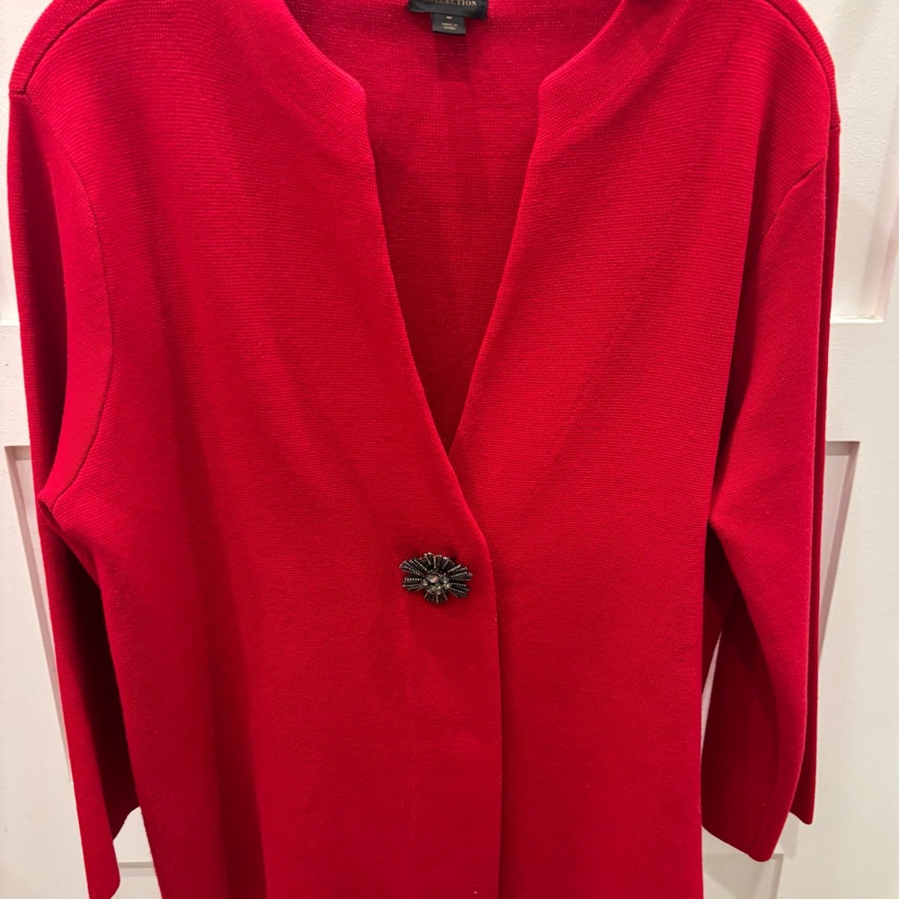JM Collection Vibrant Red Open Front Cardigan with Jewel Button Embelishment